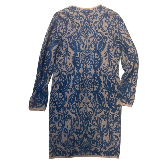 Chicos Beaded‎ Embellished Blue Tan Scroll Pattern Long Cardigan Sweater Size 1 - Picture 3 of 9
